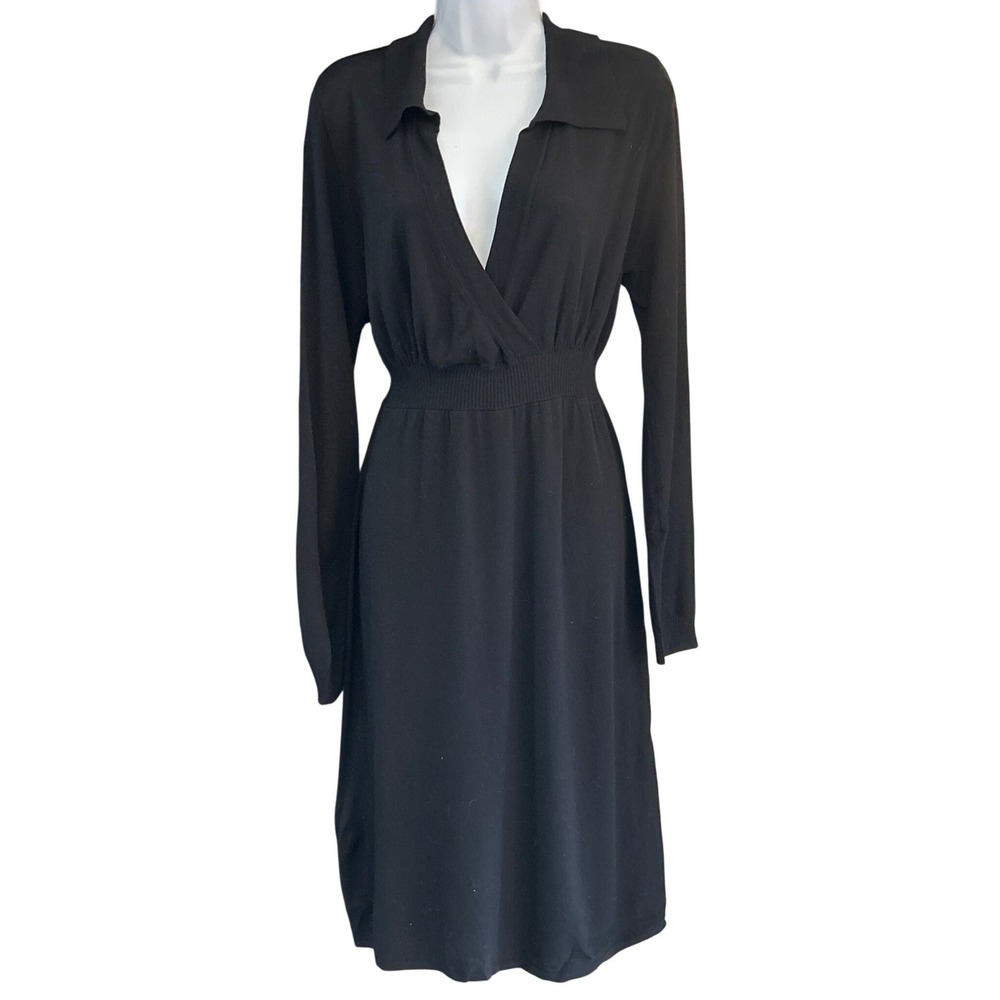 NWT Atelier Sweater Dress Black Long Sleeve Surplice V-Neck Midi Officecore Chic